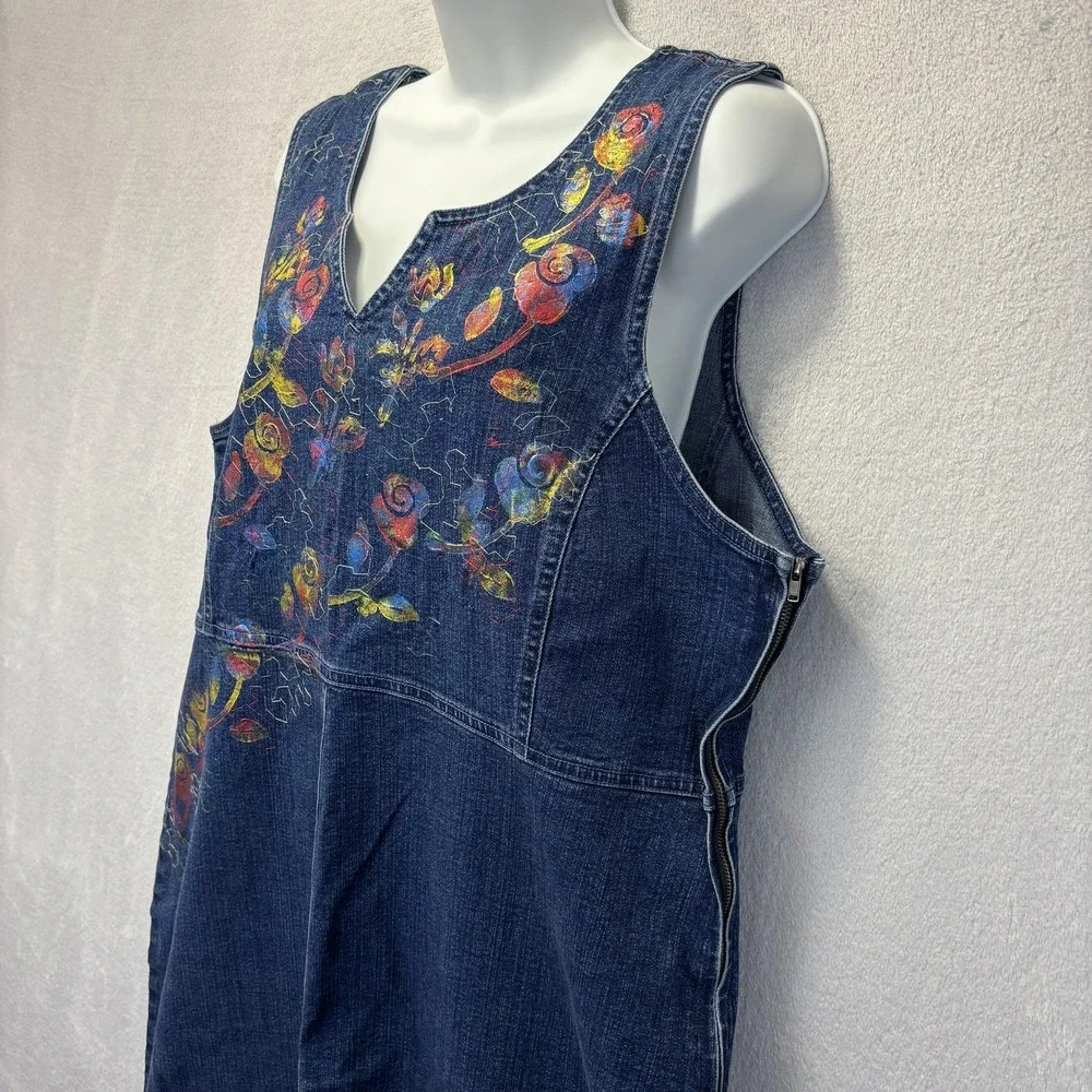 Vintage 90s Denim Painted Maxi Dress Womens XL Blue Floral Embroidered Artsy